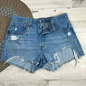 LEVI'S 501 Distressed Destroy Cut-off Jean‎ Shorts Size 31 Button Fly Front Blue